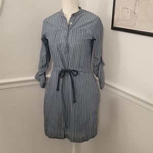 Lands‎ End Women's Size 2P Chambray Striped Shirt Dress Roll Tab Sleeve